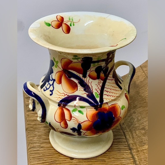 c. 1830 Vtg Gaudy Welsh Pansy Pattern Hand Painted Snake Head Handled Vase - Picture 5 of 16